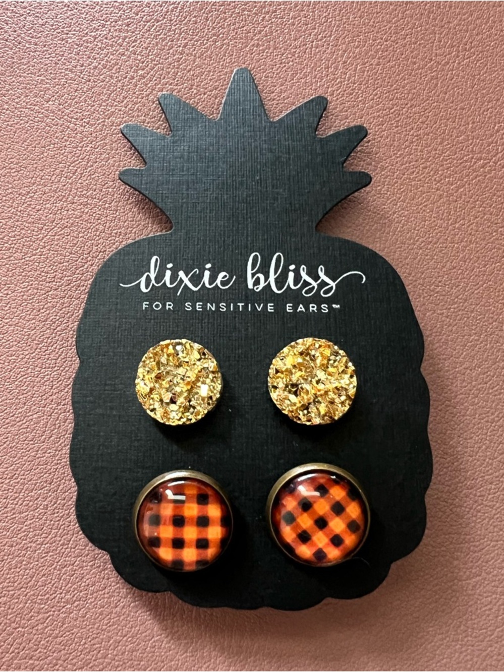 Gold and Orange Plaid Stud Earring Set